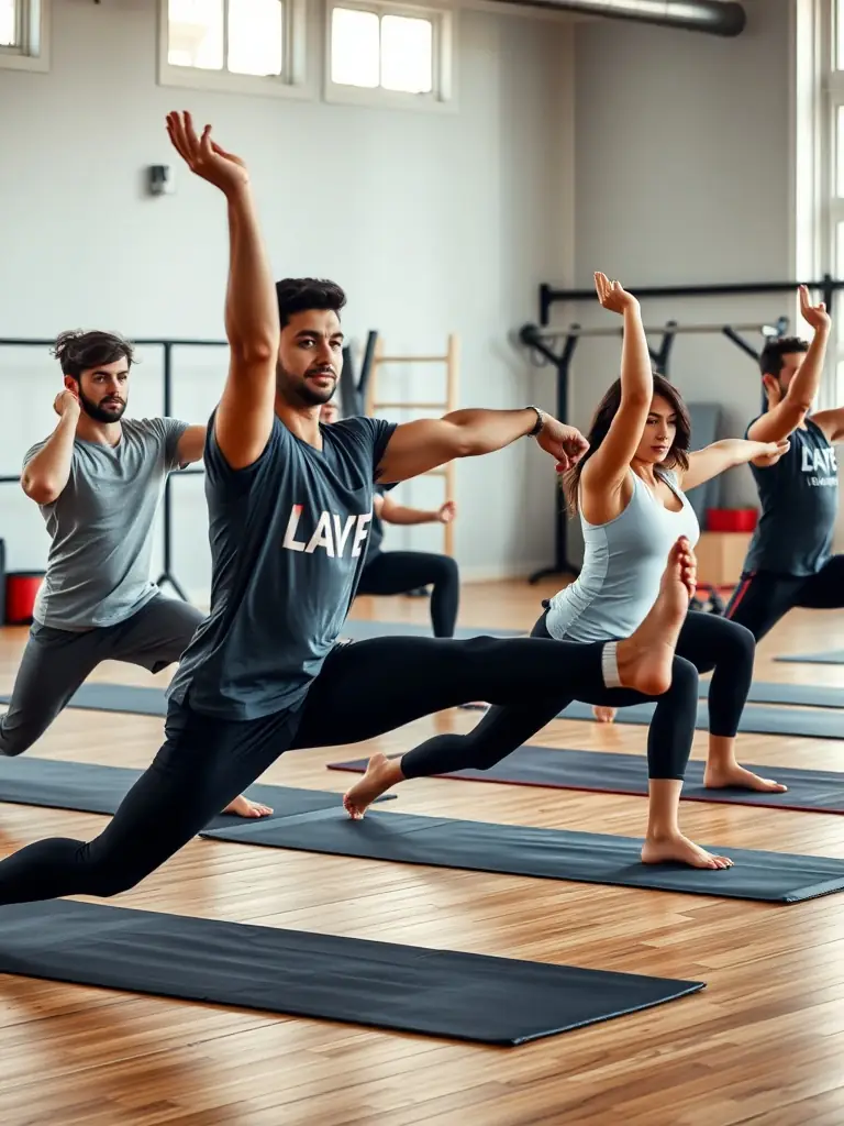 A photo of participants stretching and warming up before a savate class, emphasizing the importance of physical preparation and injury prevention.