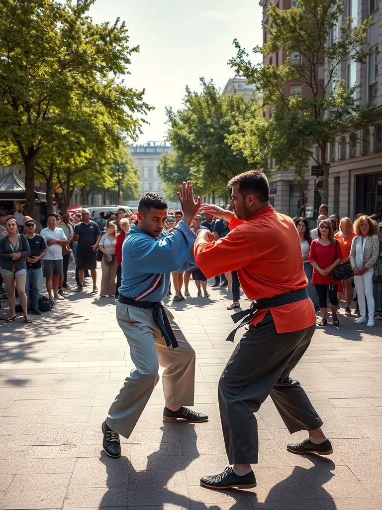 A community event featuring a savate demonstration, with skilled athletes showcasing the art of savate boxing to an enthusiastic audience in a public square.