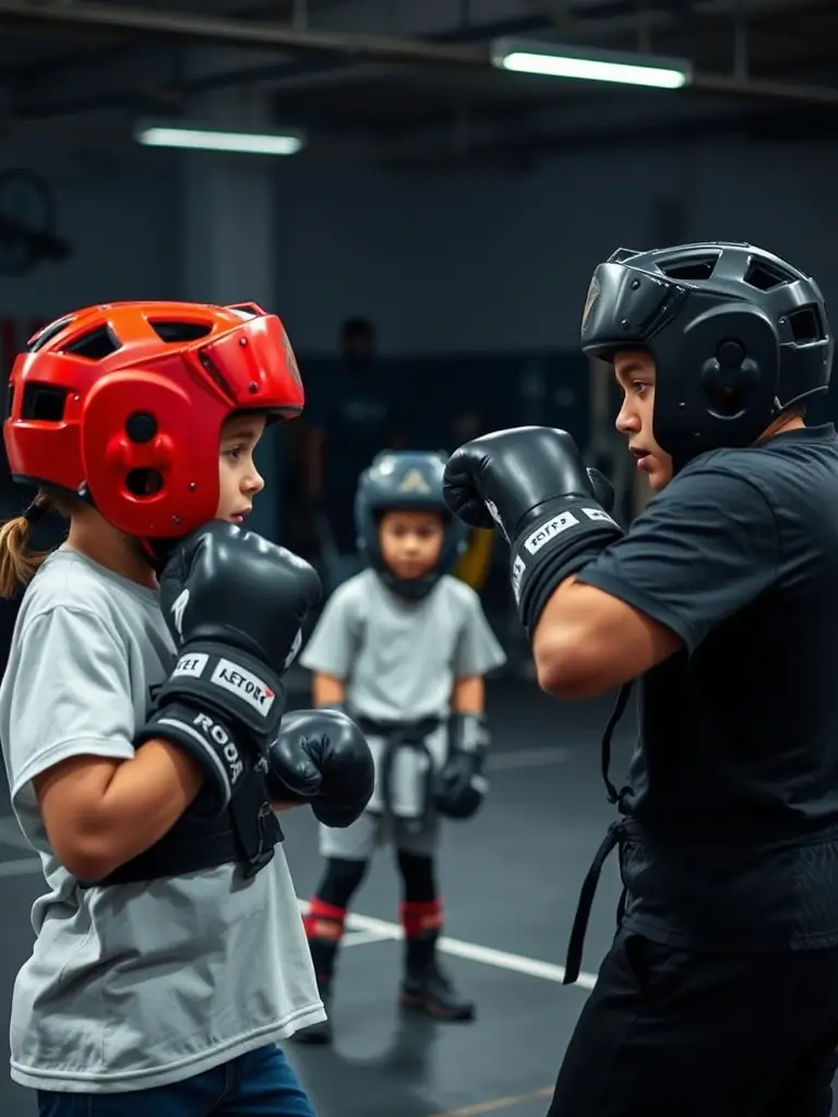 A group of young athletes participating in a savate sparring session, wearing protective gear and demonstrating controlled techniques under the supervision of certified instructors.