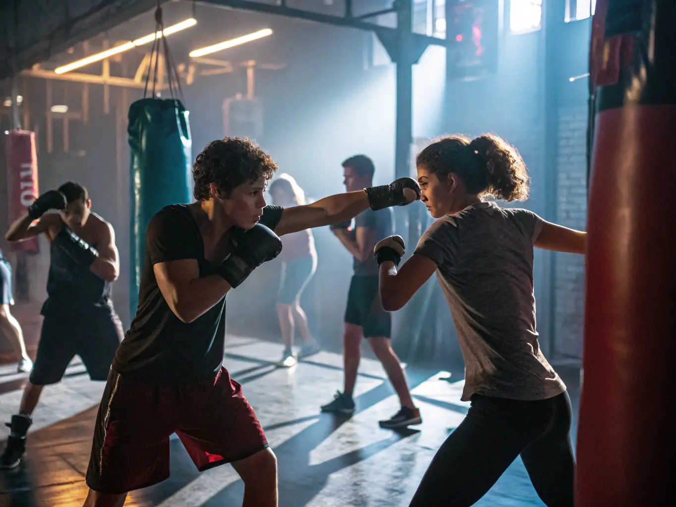 A dynamic action shot of participants engaged in a Savate training session, showcasing footwork and striking techniques in a well-lit gym.