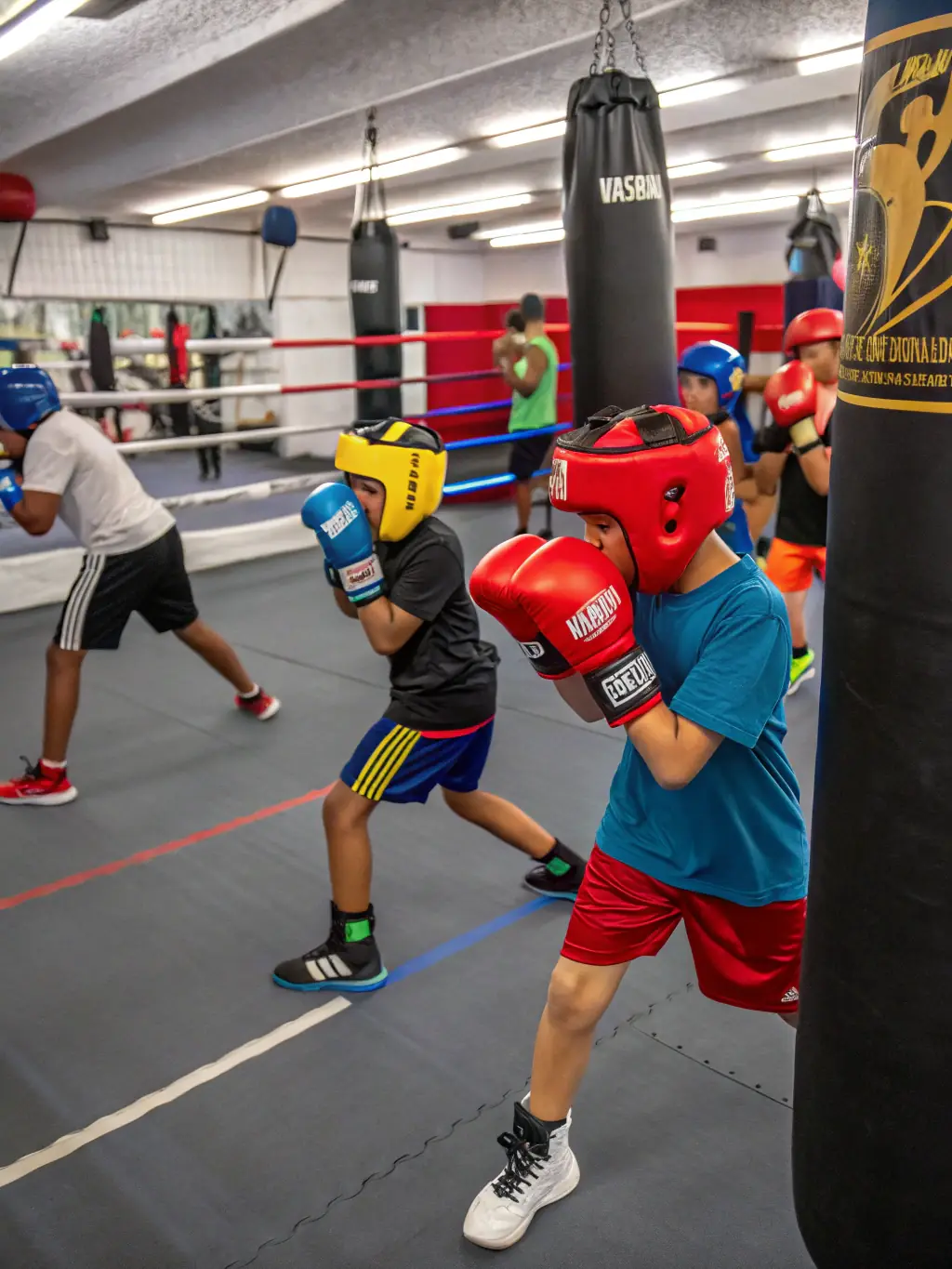 A group of children participating in a savate boxing class, demonstrating the introductory techniques and fun aspects of the sport for younger participants.