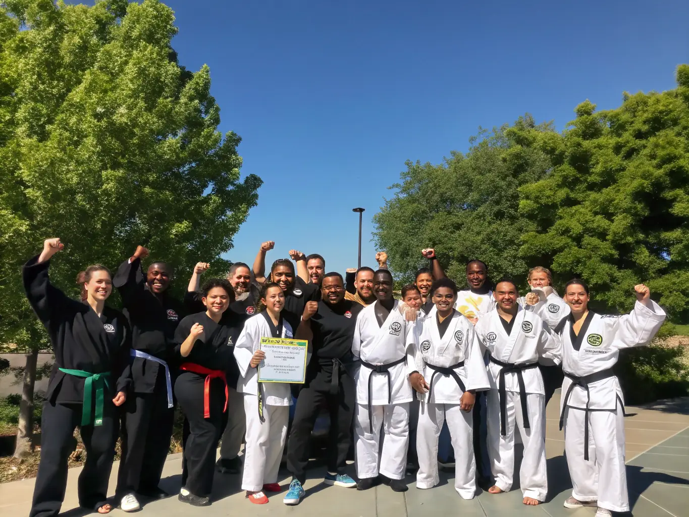 A group photo of participants and instructors after a Savate event, displaying camaraderie and achievement, with medals and certificates being presented.