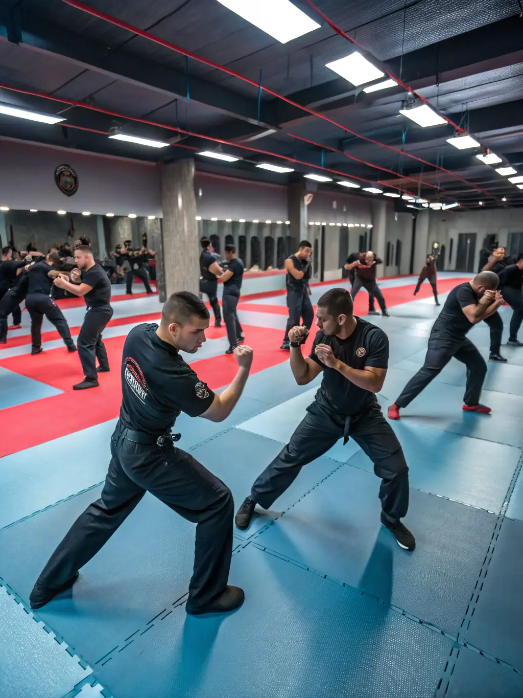 A dynamic action shot of savate boxing practitioners engaged in a training session, showcasing footwork and striking techniques, set in a modern gym with the organization's logo subtly displayed.