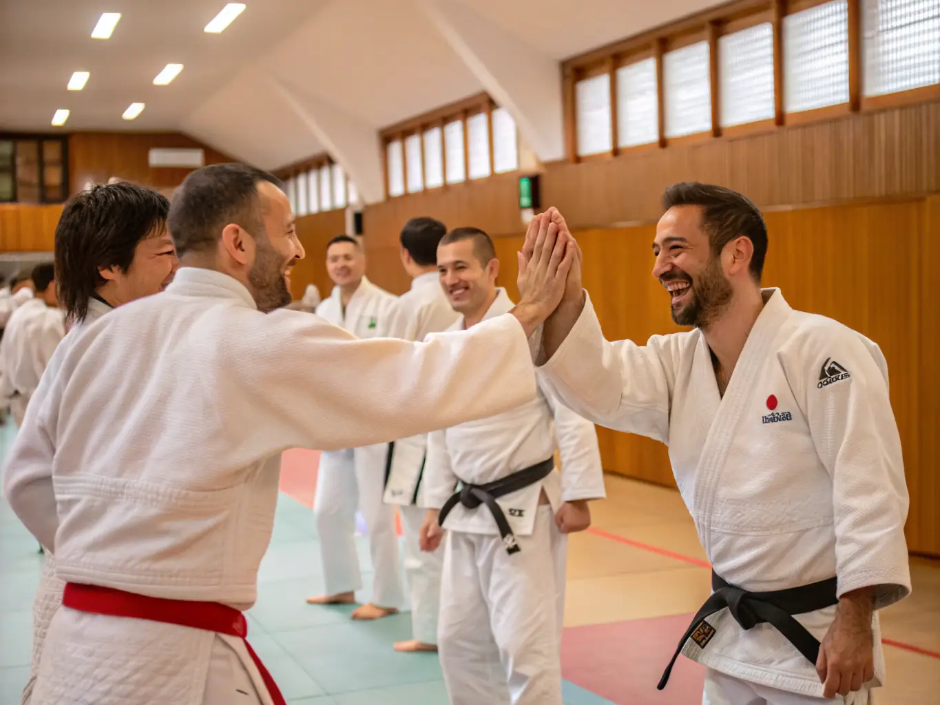 A group photo of Savate practitioners of all ages and skill levels, smiling and displaying a sense of camaraderie and community.
