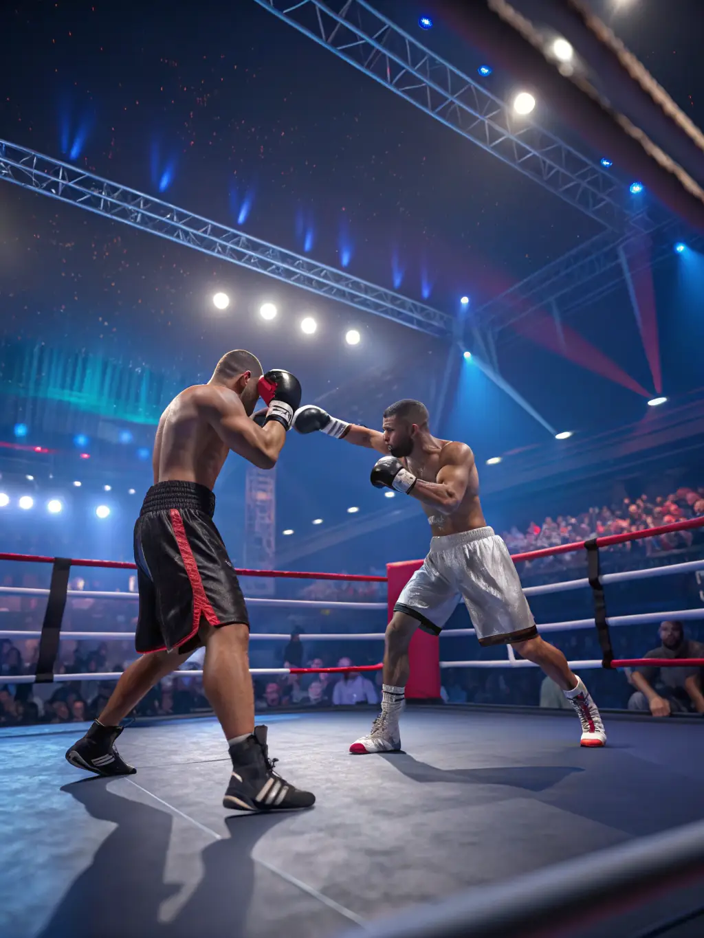A dynamic action shot of savate boxers sparring in a ring, showcasing the intensity and skill involved in the sport, emphasizing footwork and precision.