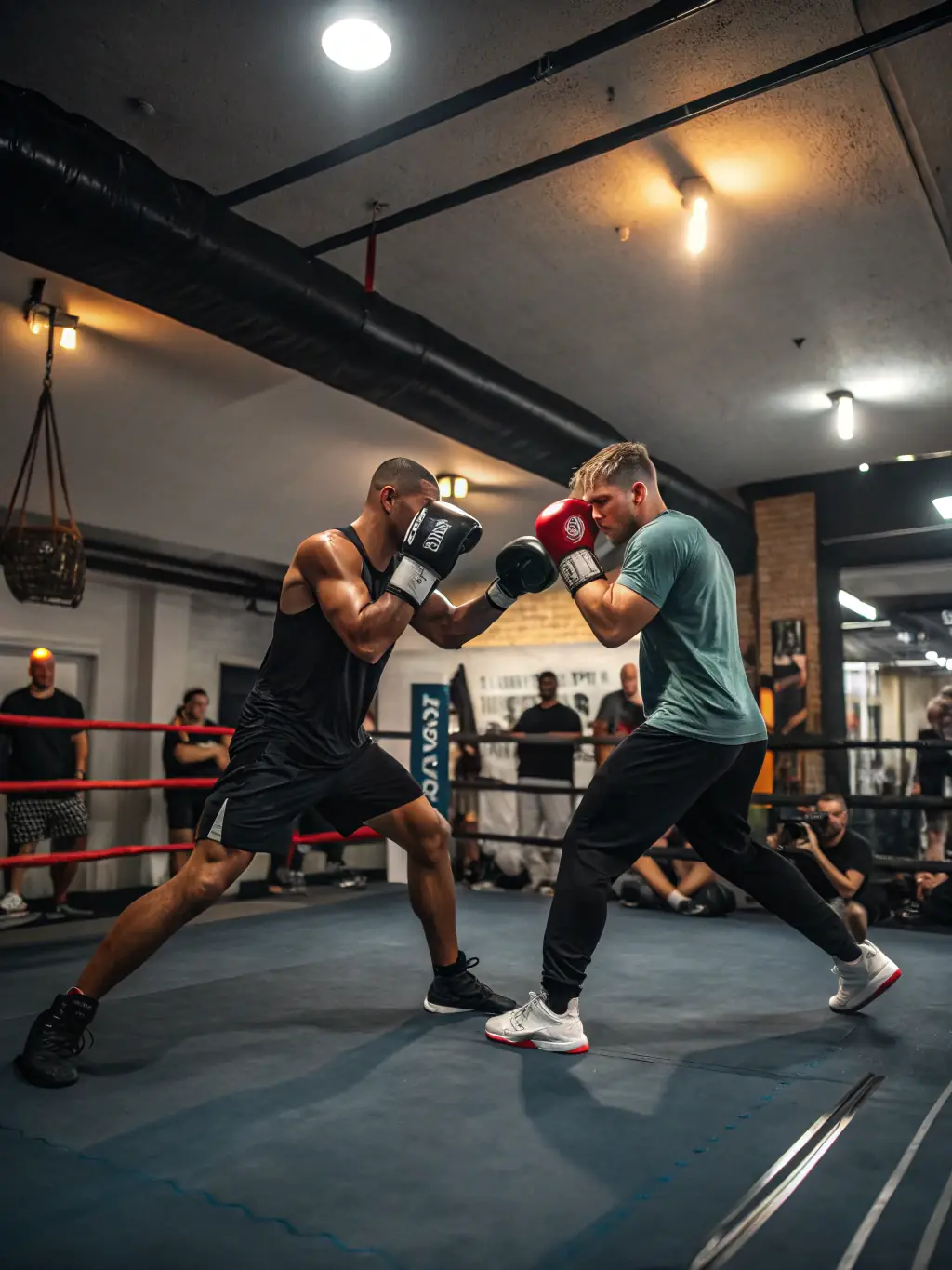 A dynamic action shot of savate boxers competing in a local tournament, highlighting the opportunity for competitive engagement and skill demonstration.