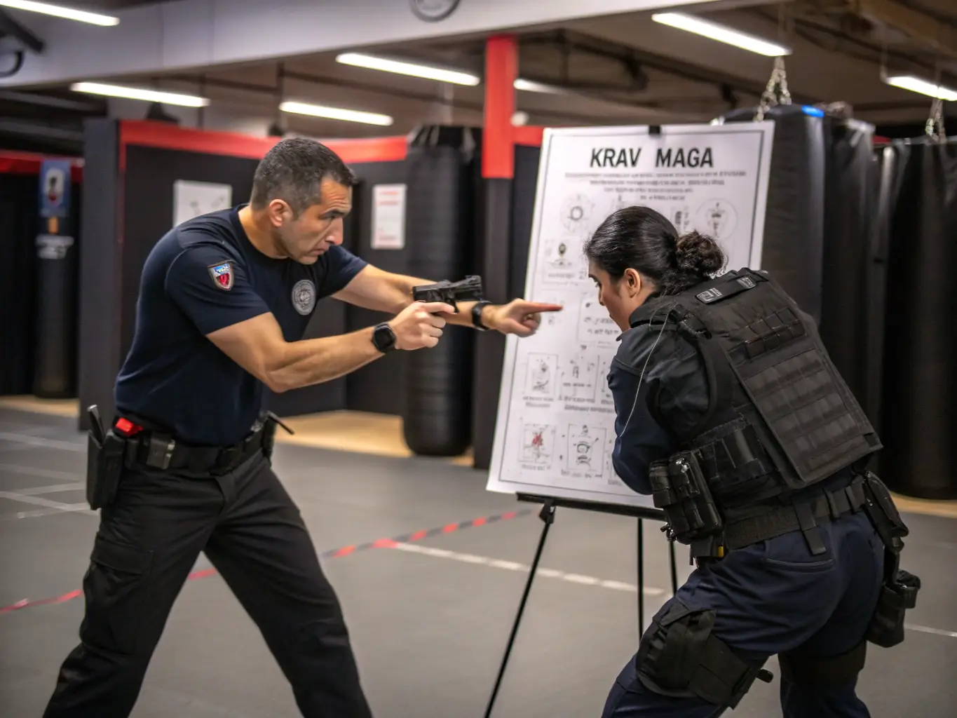 A focused image of a Savate instructor guiding a student through a specific technique, emphasizing precision and control.