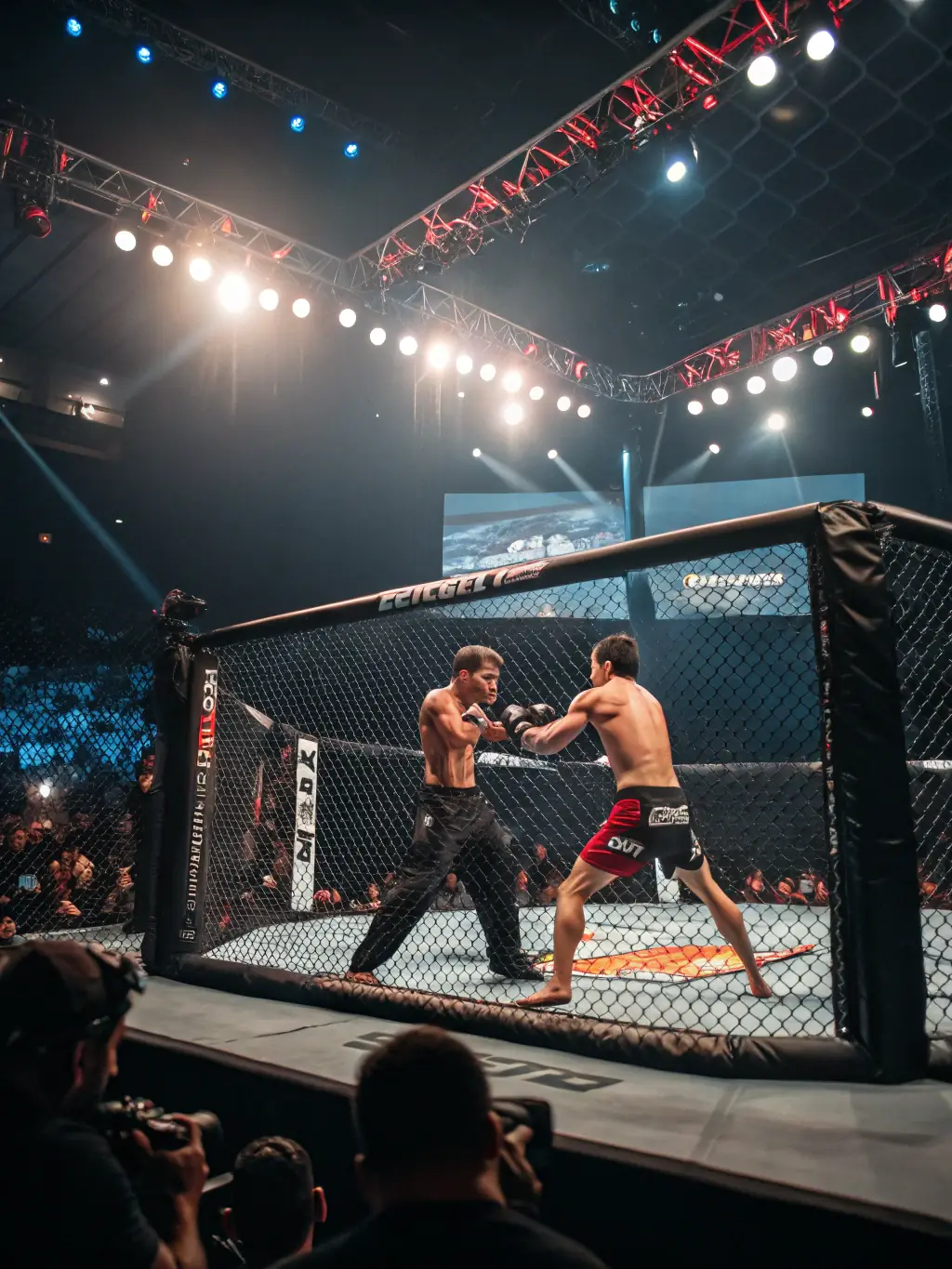 A dynamic action shot of a savate boxing match, capturing the intensity and skill of the fighters in a well-lit arena, suitable for promoting an upcoming championship event.