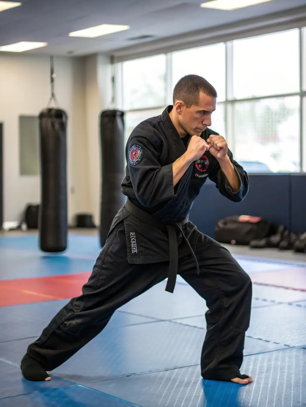 A focused image of a savate instructor demonstrating a specific boxing technique, highlighting the importance of proper form and instruction.