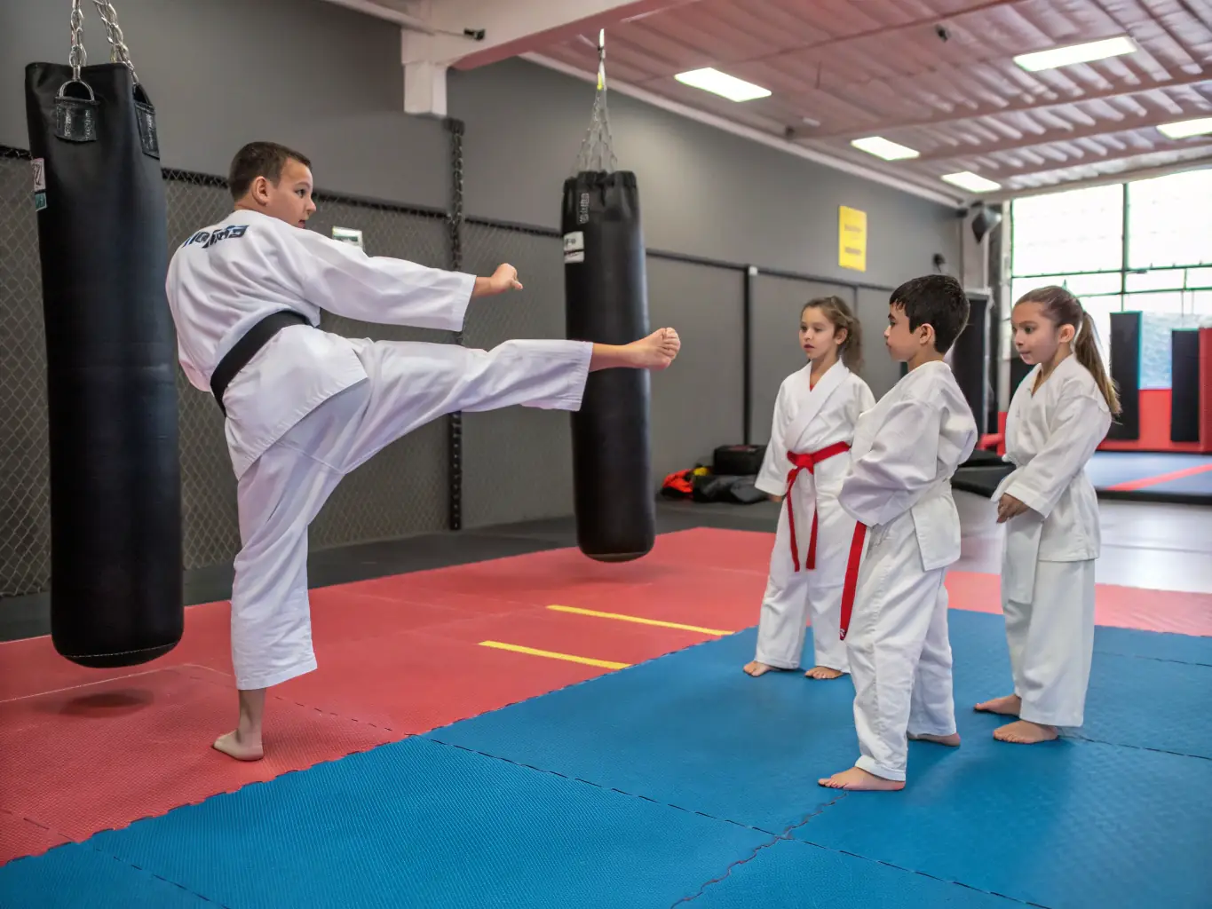 A focused image of a coach instructing a student on proper Savate technique, emphasizing precision and control, with other students practicing in the background.
