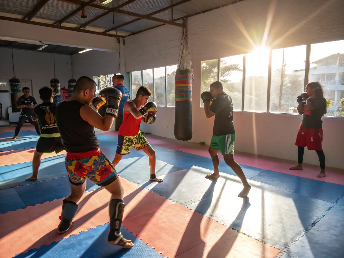 A dynamic action shot of participants engaged in a Savate training session, showcasing footwork and technique, set in a well-lit gym with the organization's banner visible in the background.