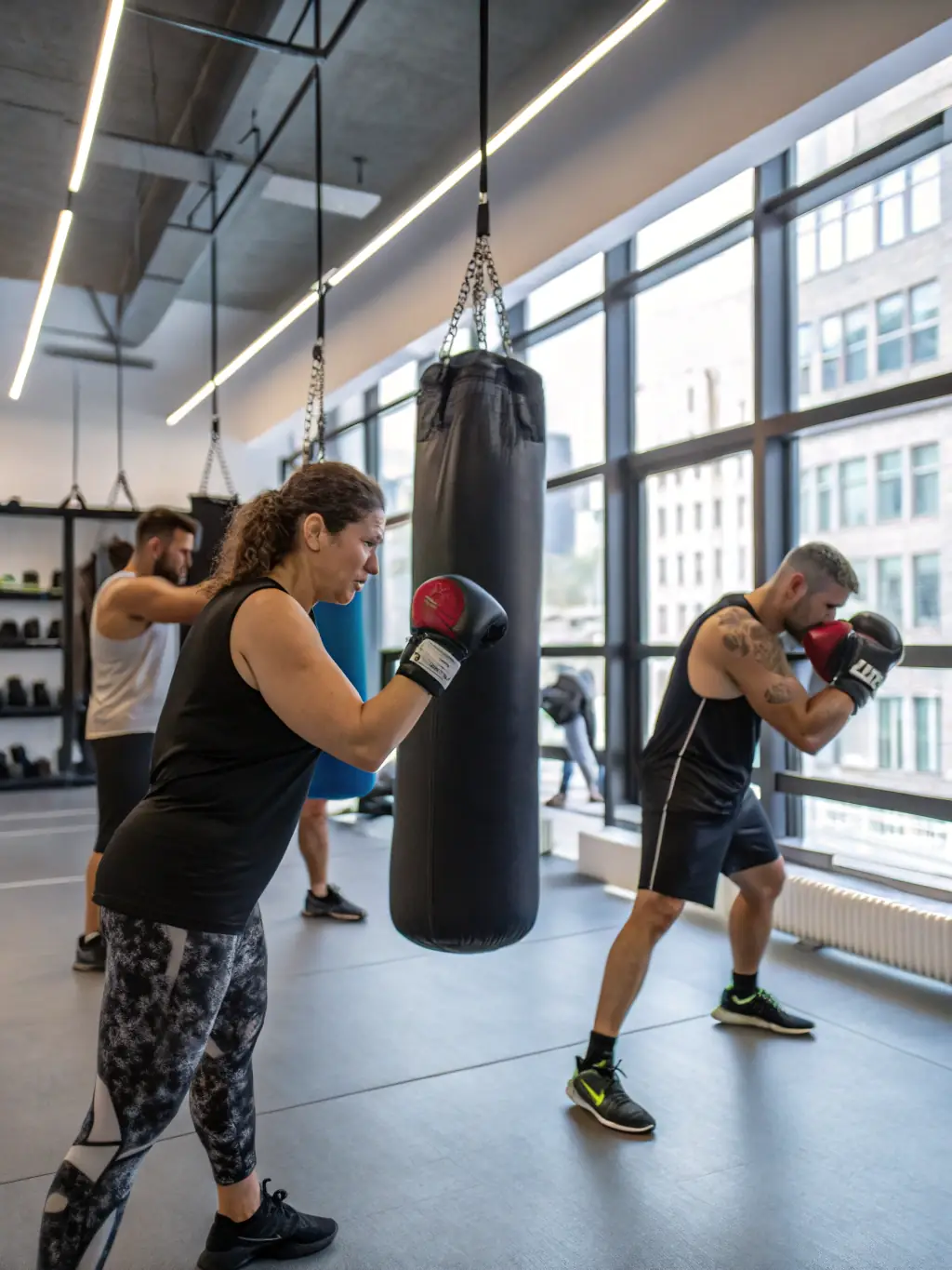 A diverse group of adults participating in an advanced savate class, executing complex combinations and demonstrating a high level of skill and fitness.